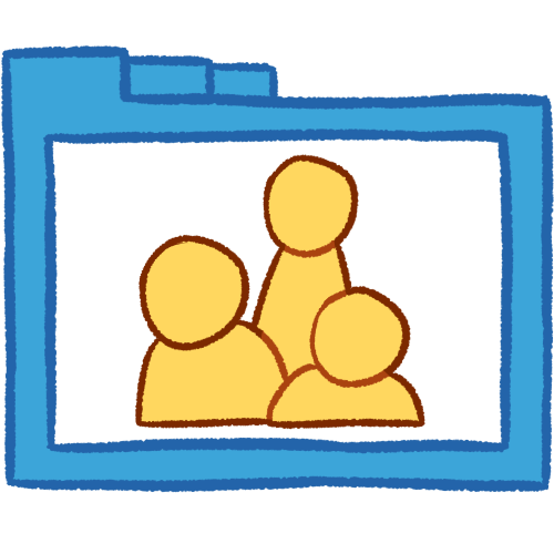 A hollow blue folder with thick lines, containing three busts of emoji yellow people of various heights.